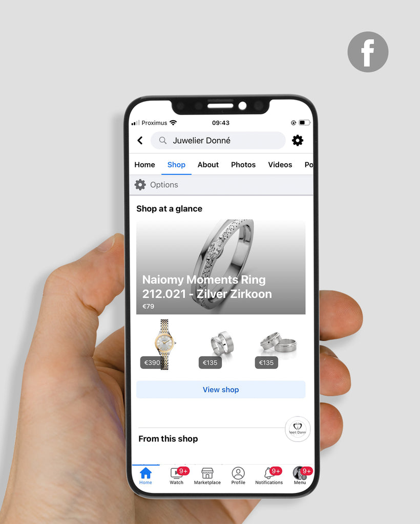 Implementatie van een Facebook- en Instagram-winkel als onderdeel van het laten bouwen van een Shopify webshop voor Juwelier Donné, waardoor de sieraden ook op sociale media worden getoond