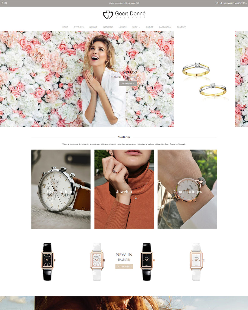 Een Shopify webshop laten bouwen door KISS. Consulting om de verfijnde en eenvoudige sieraden van Juwelier Donné online op een elegante manier te presenteren.