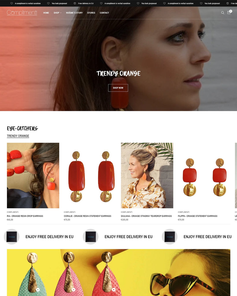 Complimenti's handgemaakte sieraden worden uitgelicht op hun door KISS. Consulting ontwikkelde Shopify webshop, een voorbeeld van een op maat gemaakte Shopify webshop te laten bouwen