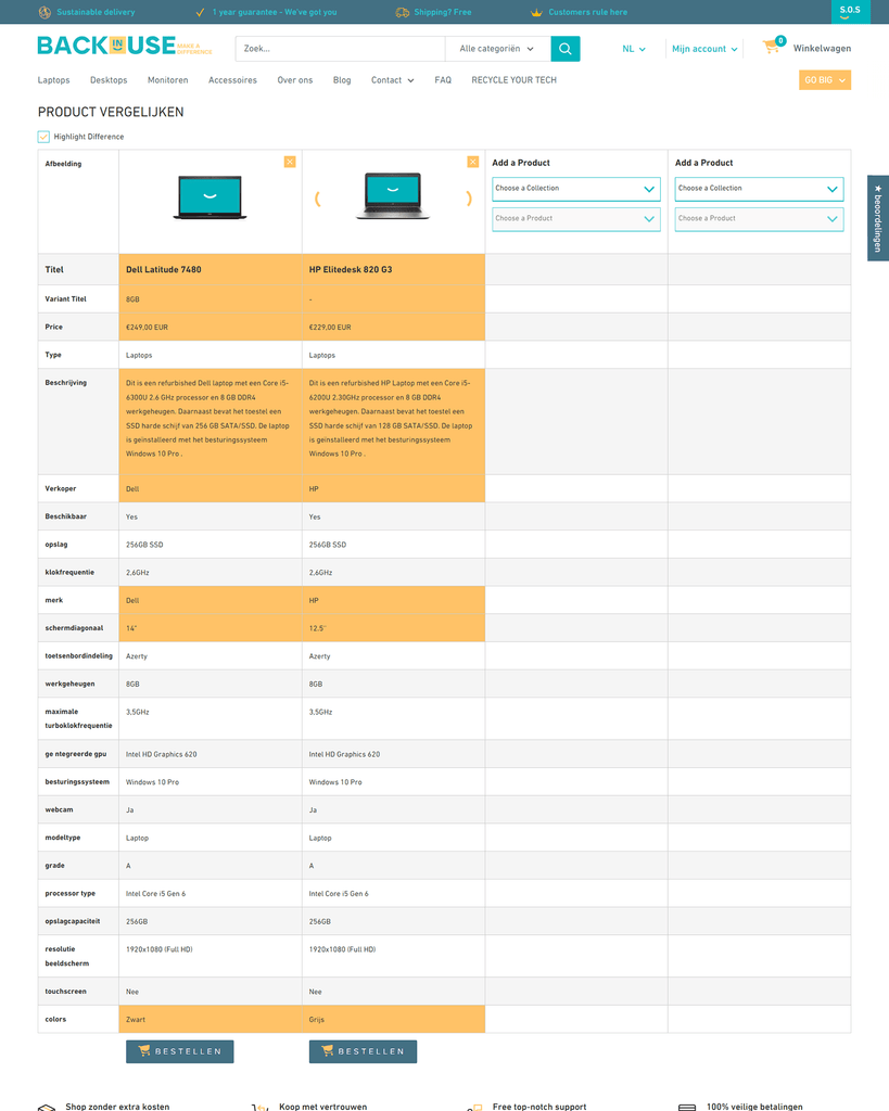 Op maat gemaakte vergelijk functie in de Shopify webshop van Back in Use