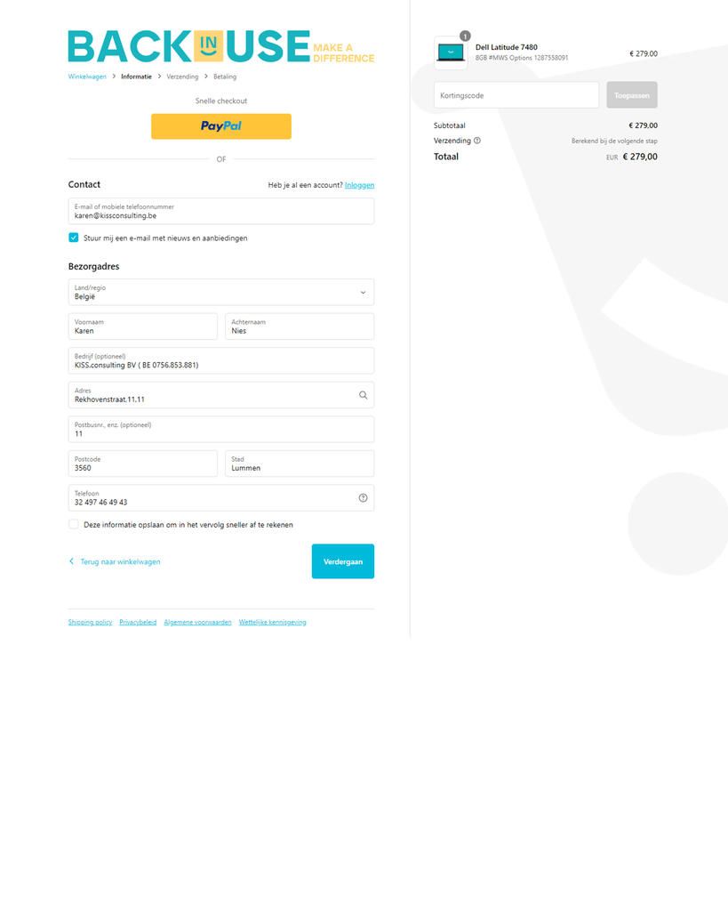 Branded checkout pagina voor de Shopify webshop van Back in Use